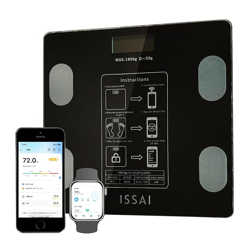 

[ISSAI] Weight scale body fat meter Smartphone linked diet Battery operated/USB rechargeable Dedicated app body fat percentage auto off health meter