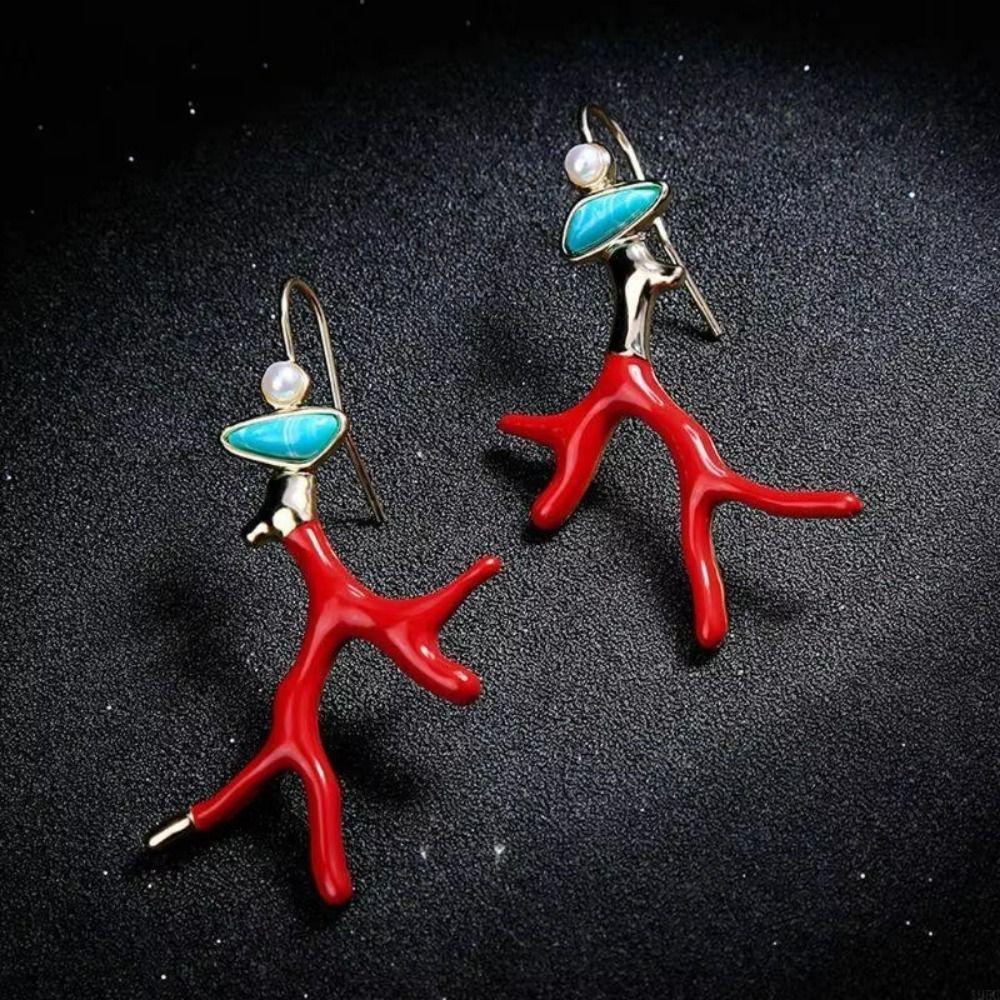 Red Coral Enamel Glaze Earrings Clear Geometric Drop Earrings Irregular Colored Earrings  Party