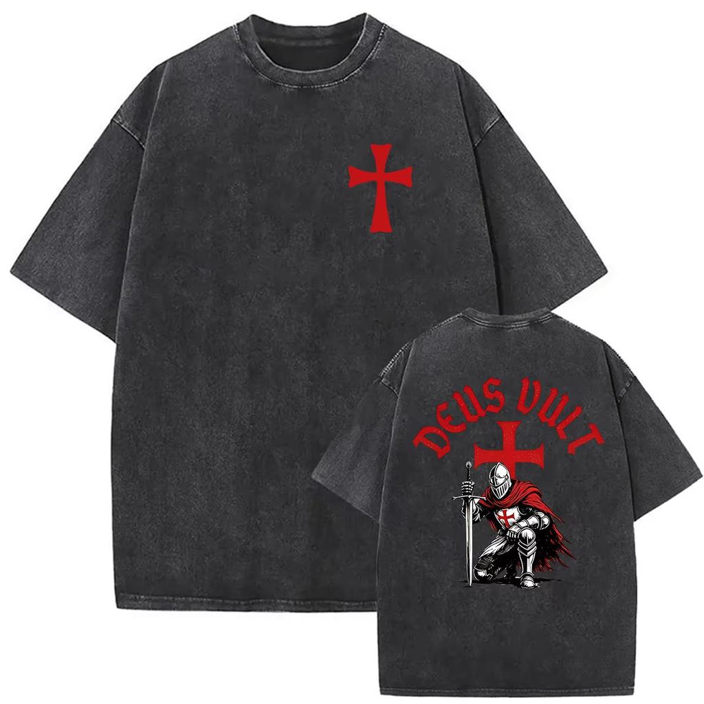 Knights Templar Graphic Tshirt Vintage Washed Gothic Streetwear Medieval Unisex Oversized Crew Neck Cotton Short Sleeve Tee Top