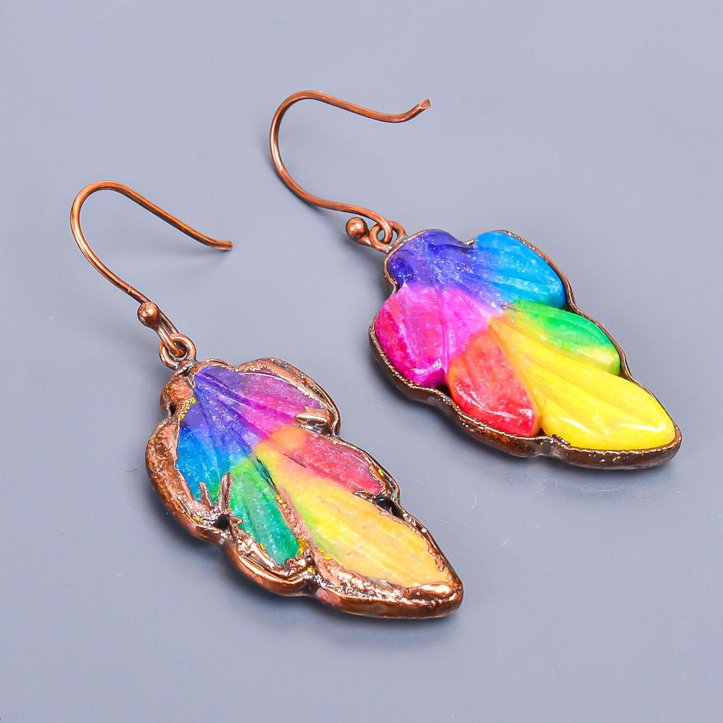 Natural Rainbow Solar Quartz Copper Birthday Dangle Drop Ethnic Earrings Jewelry V-2