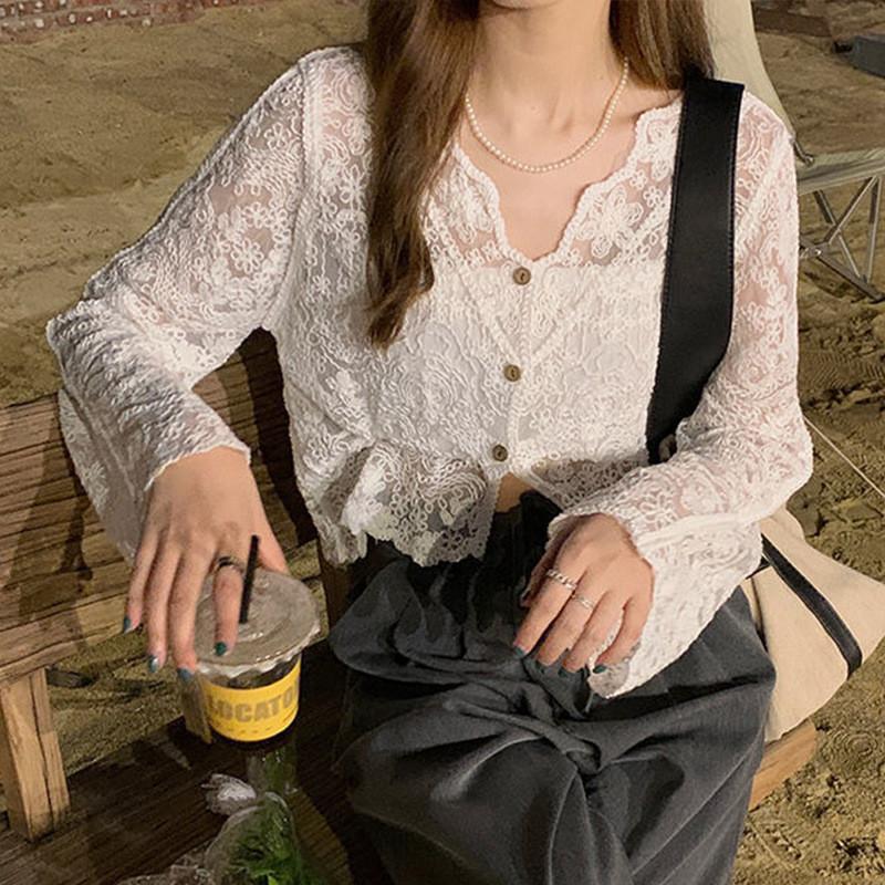No Inner Wear French Style Lace Cardigan Women Summer New Arrival V Neck Elegant Slim Fit Sheer Outerwear Top With Flare Sleeves