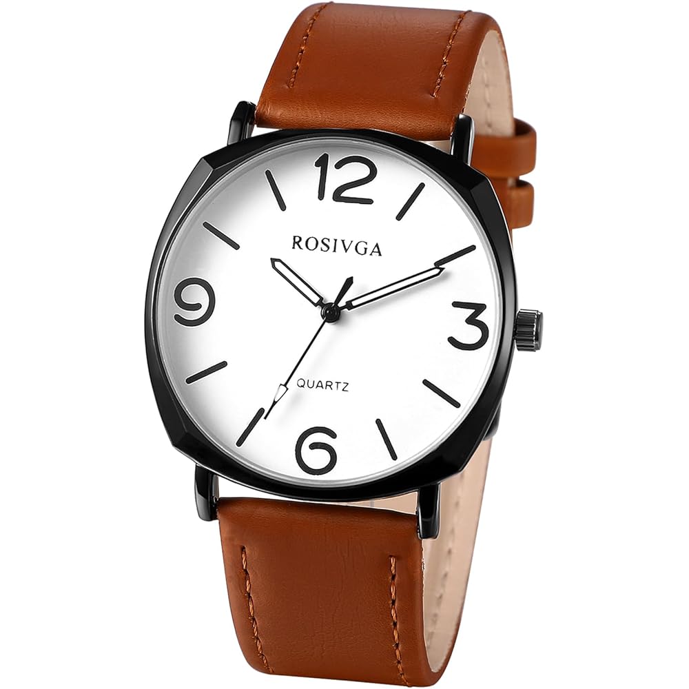 Men's Waterproof Quartz Watch Brown Strap Round Dial Simple Design Black Case