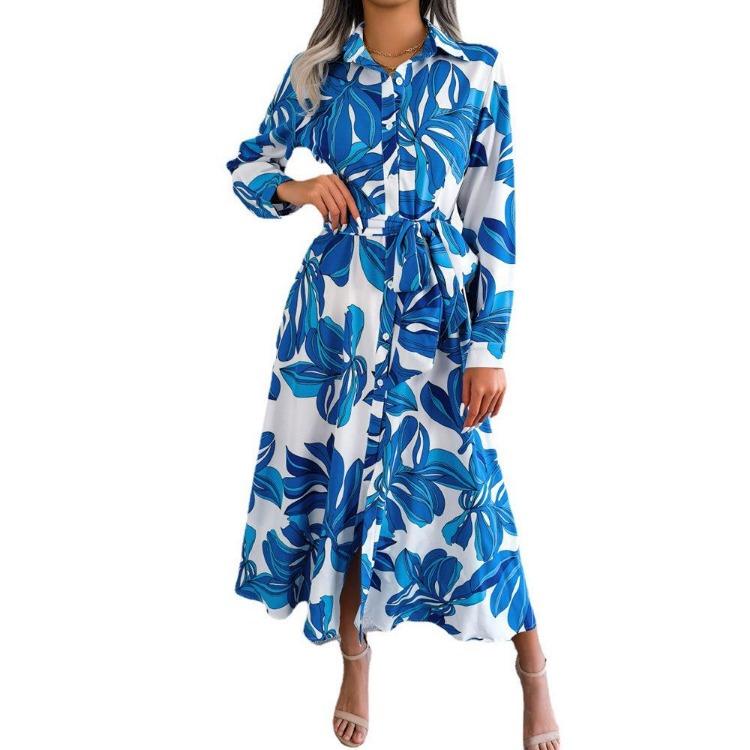 Polo Collar Shirt Dress for Women Floral Lace Up Long Dress Single Breasted Contrast Style Spring Summer Ladies Fashion