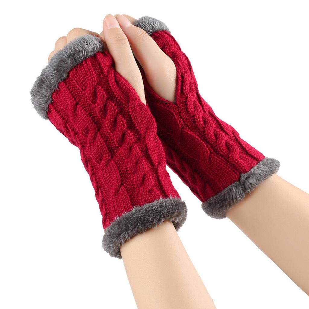 Women's Winter Warm Wool Gloves, Fingerless Twisted Knit Solid Color Short Style Gloves