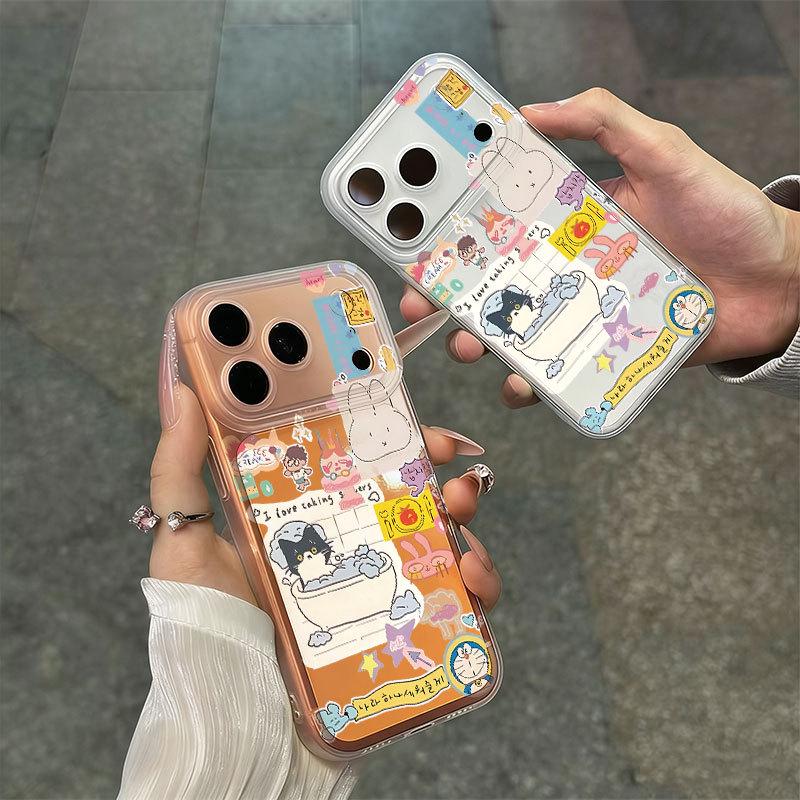 Transparent Phone Case with Integrated Buttons for Apple 16/17, Frosted Edges, Cartoon Design, Compatible with 13, 16Pro, and 17ProMax Models.