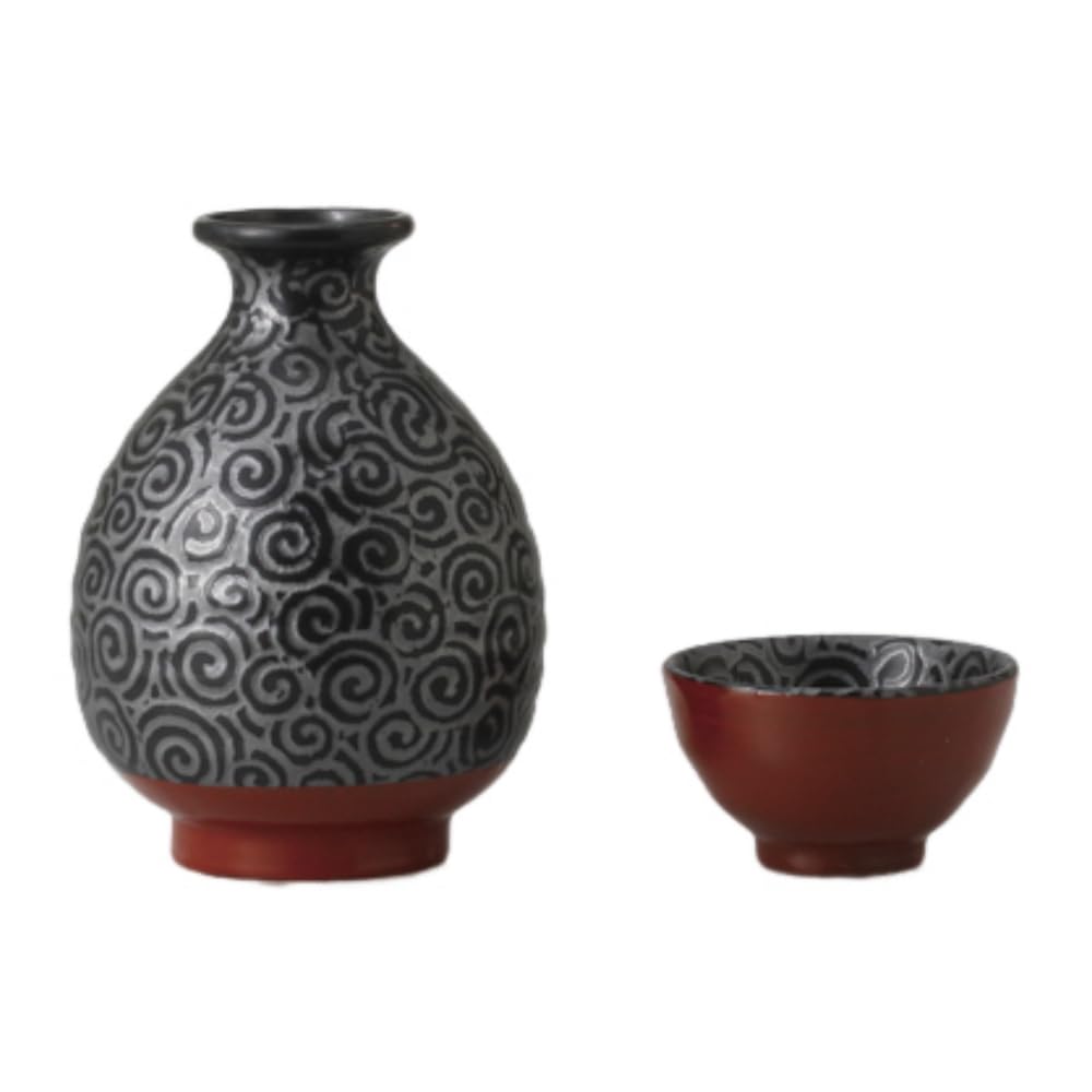 Sake Tokkuri Ochoko Vermilion Tenmoku Karakusa Tokkuri Sake Cup Pieces Ceramic Mino Perfect for Cold and Hot Made In Japan Ale-net Set, & Set, Design,