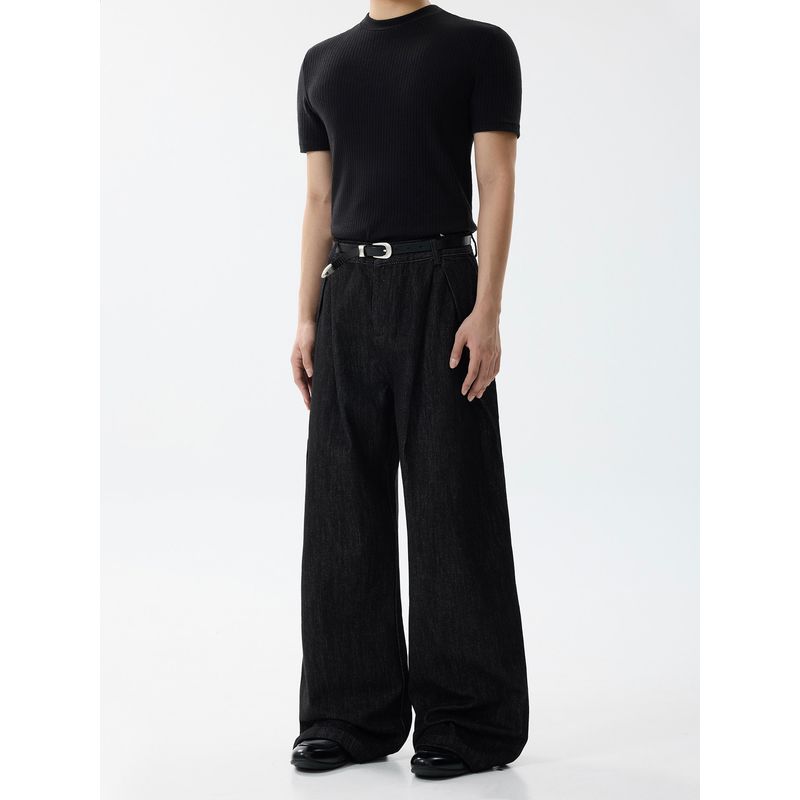 Blaexit American Retro Pleated Raw Denim A-Line Jeans for Men, Loose Straight Black Scimitar Wide-Leg Trousers