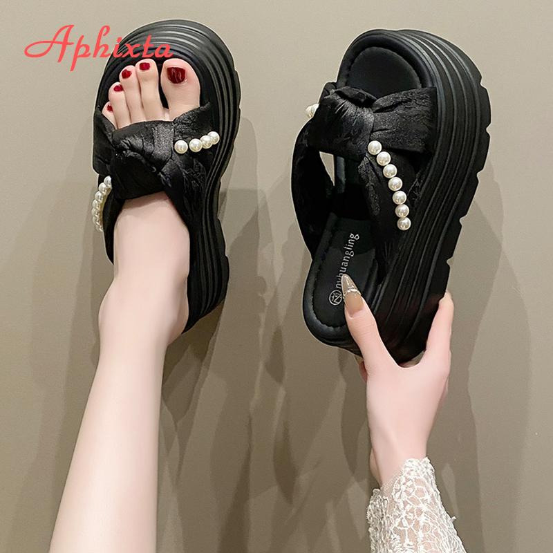 Fashion Aphixta Pearl Platform Sandals 8cm High Heels Slippers Women Slides Shoes Wedge Slippers String Bead Summer Beach Slides Shoes