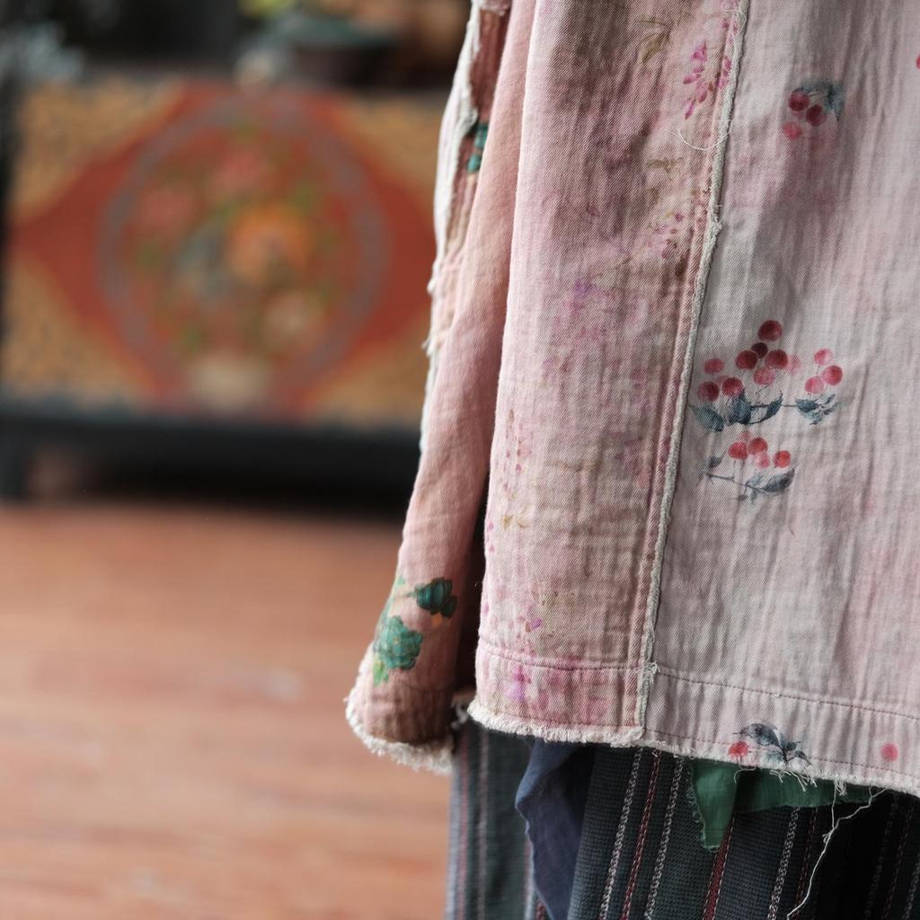 Little Mud Girl Retro Patchwork Robe with Artistic Round Neck