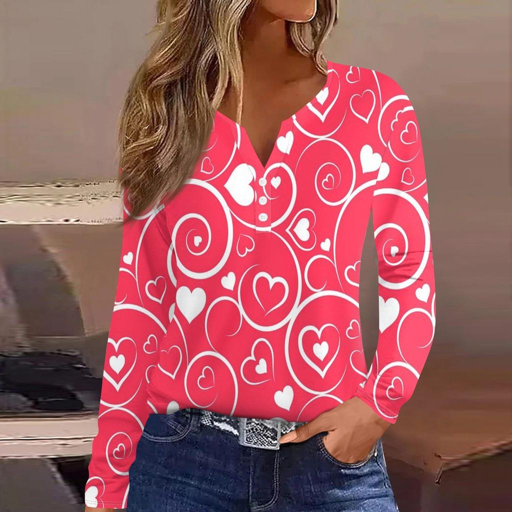 Top tricou cu mânecă lungă, cu decolteu în V, cu mânecă lungă, ocazional de Valentine's Day