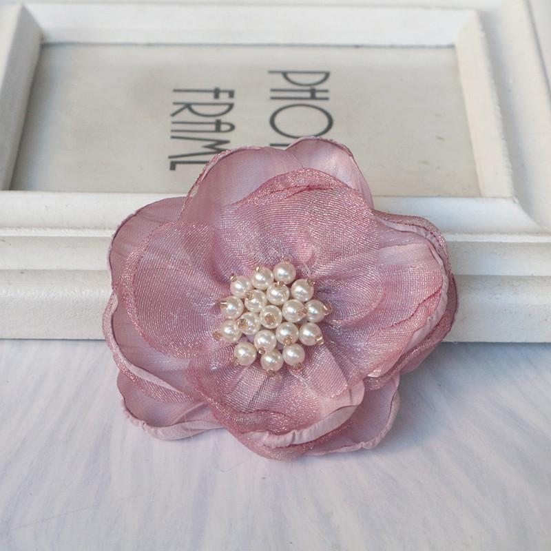 5PCS 7.5CM Chiffon Organza Fabric Rose Flower With Beads Center Wedding Dress Skirt Home Hat Decoration DIY Hair Accessories
