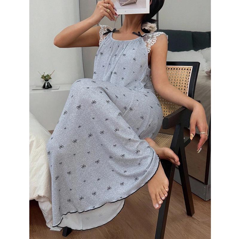 Lace Bow Strap Nightgown - European & American-Style Loose, Comfortable Spring/Summer Homewear Pajamas