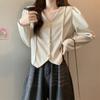 Design V Neck Knit Cardigan Women Autumn Winter Youthful Slim Color Block Puff Long Sleeve Crop Top