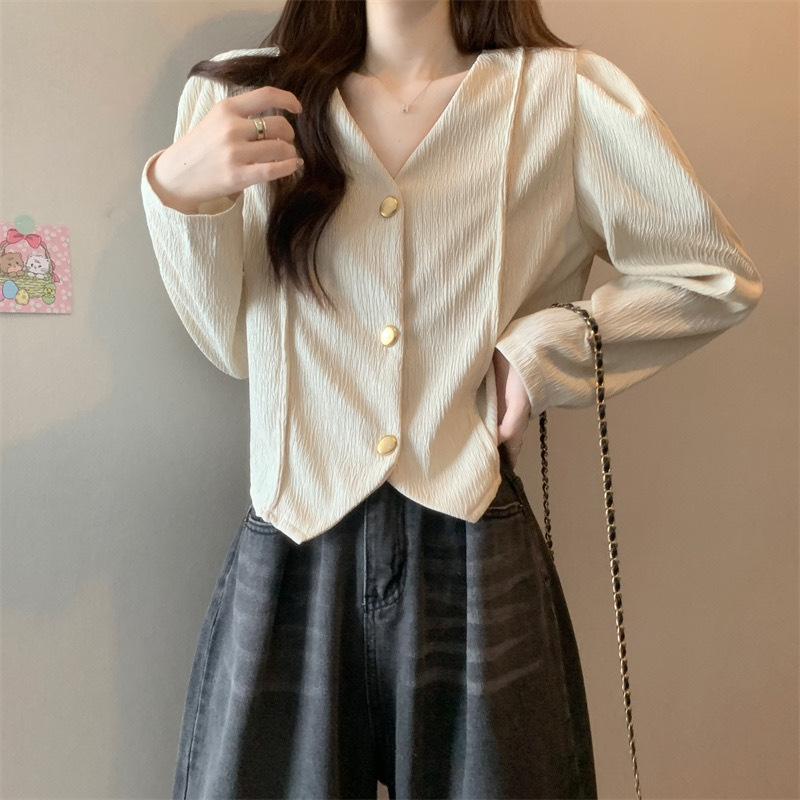 Design V Neck Knit Cardigan Women Autumn Winter Youthful Slim Color Block Puff Long Sleeve Crop Top