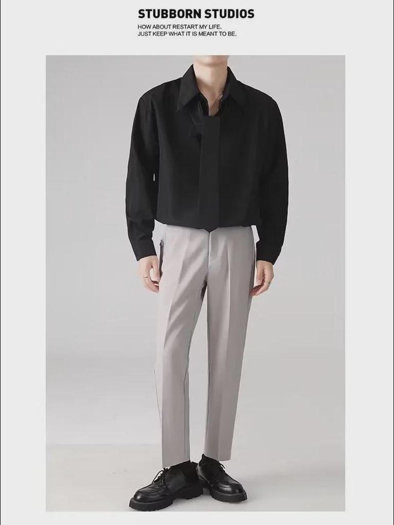 Pánská trendy bílá košile s dlouhým rukávem v korejském stylu s vycpávkami na ramena na jaro a podzim