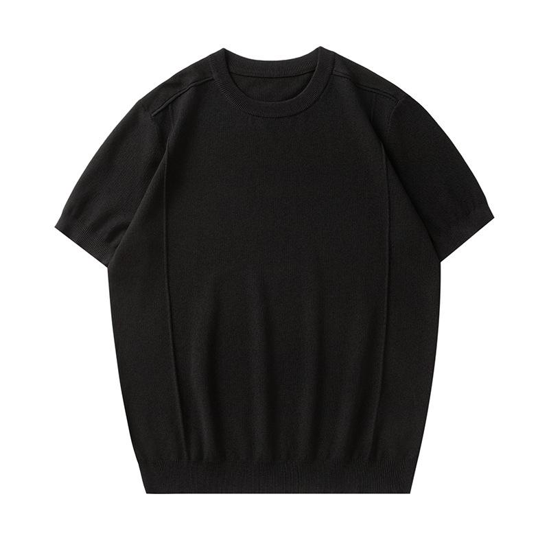Mu Qiu Men s 260G Heavyweight Crew Neck Knit T-Shirt - Loose Casual Short Sleeve Top M (50-60 kg)