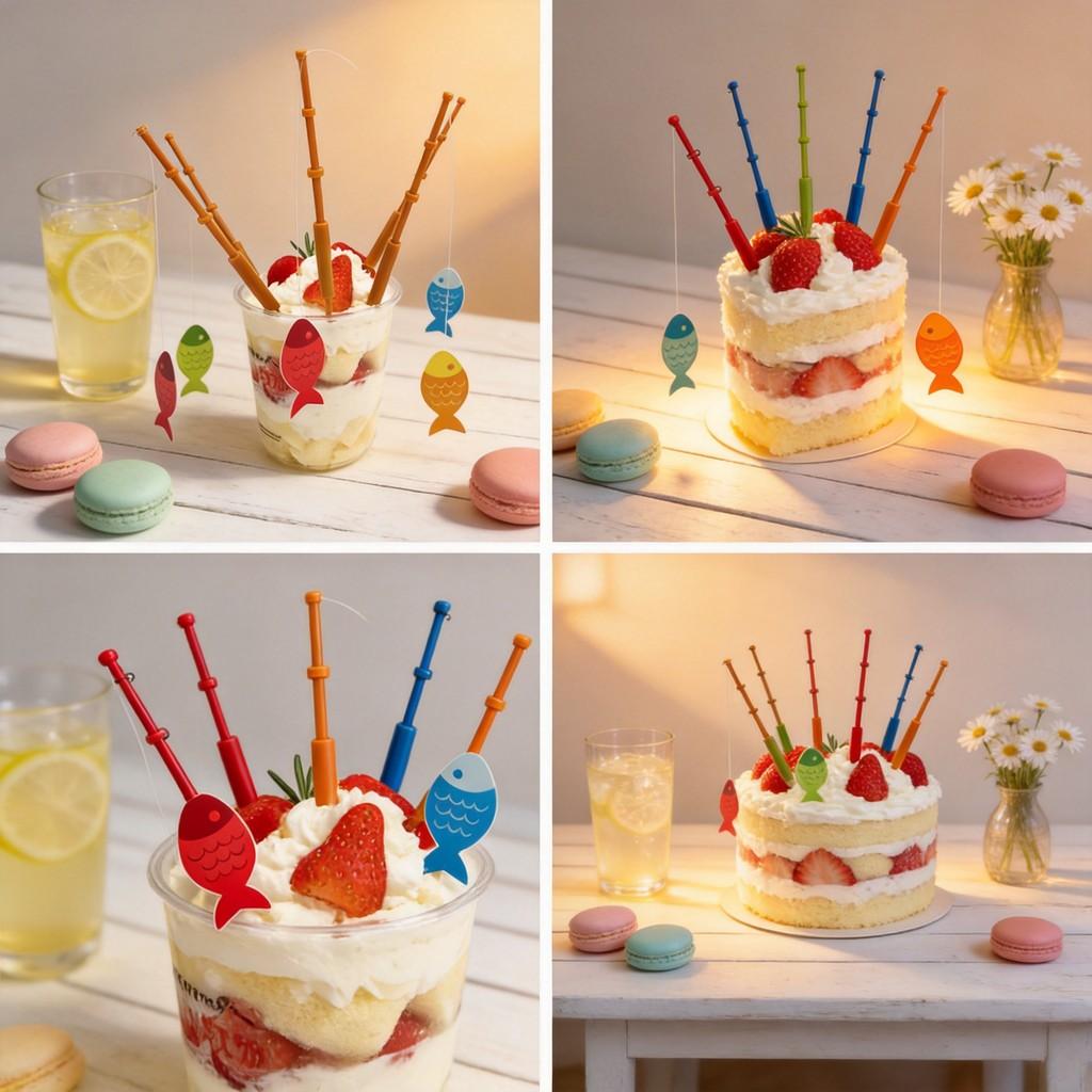 Decorazione Torta Festa Mini Canna da Pesca con Inserto in Plastica per Celebrazioni di Compleanno