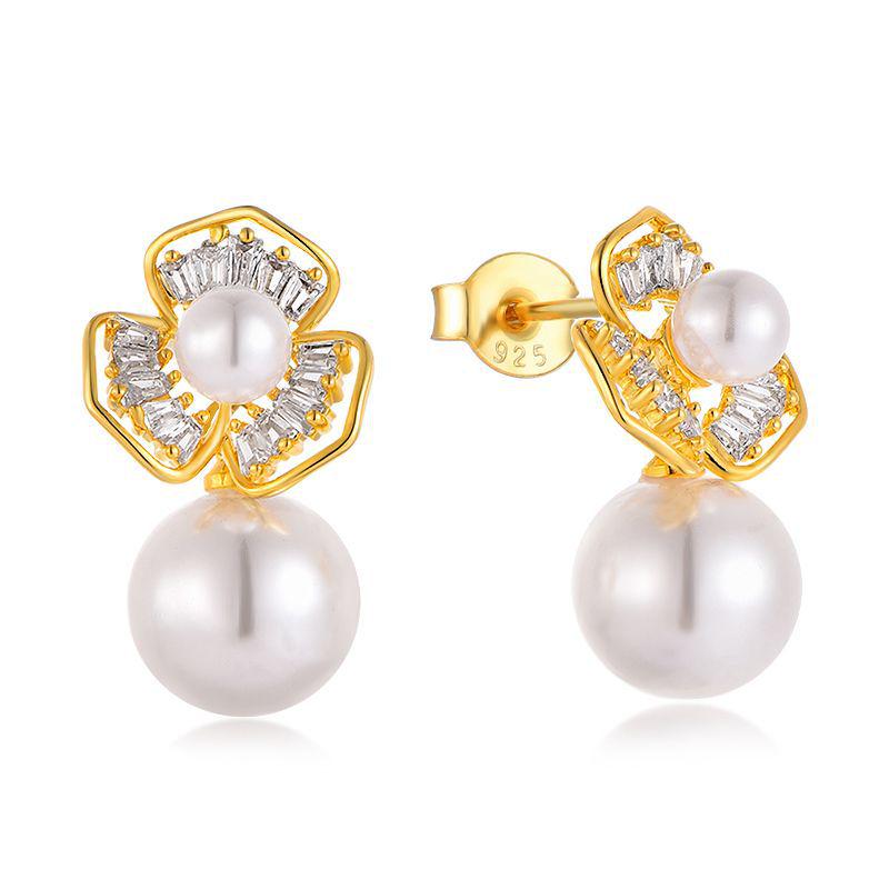 S925 Gold-Plated Sterling Silver Flower Pearl Zircon Stud Earrings for Women - Light Luxury Jewelry 925 Silver