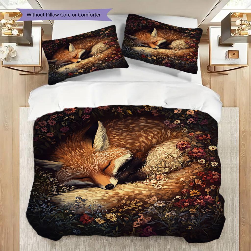 Fuchs-Muster Bettwäsche Steppdecke Set Bettbezug Kissenbezug Heimdekoration Geburtstagsgeschenk (1 Bettbezug + 2 Kissenbezüge, ohne Füllung)