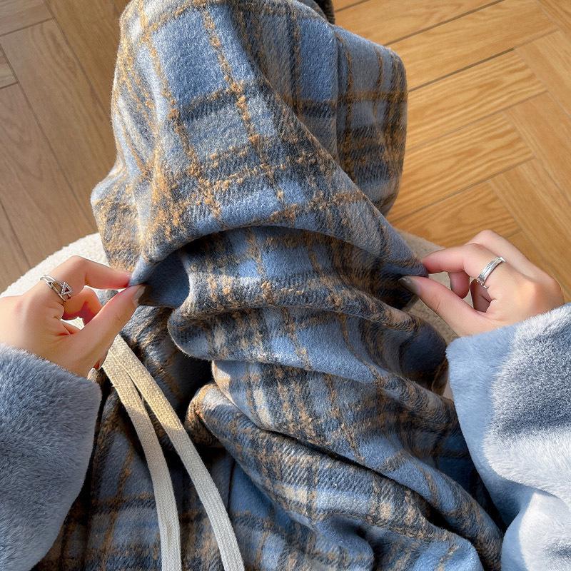 Women's Winter Fleece-Lined Tweed Plaid Wide-Leg Pants: Warm, Thick, Loose, and Straight-Leg Design.