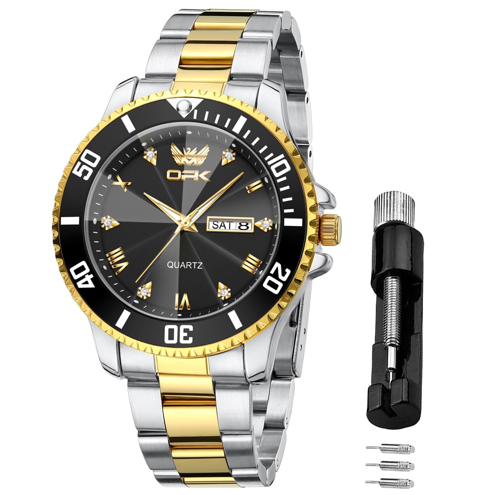 

OPK Men s Quartz Watch with Date Display, Waterproof, Luminous, Stylish, Classic Stainless Steel Watch for School or Office, Gold & Black