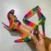 Fashion Rainbow Printed  Band Super High Heels Womens Modern Sandals Summer Sexy Pointed Peep Toe Luxury Back Zipper Club Party Shoes