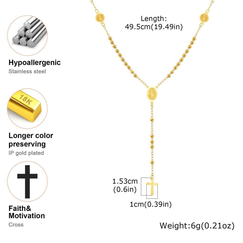 Vnox Stylish Stainless Steel Virgin Mary Necklaces, Multiple Beads Chain Cross Pendant, Long Sweater Chain Jewelry For Women