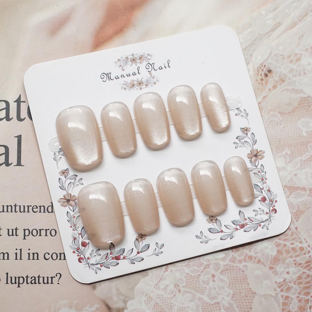 Sweet Butterfly Cat Eye Nude Press-On Nails - Pink Plaid Short Square False Nails with Butterfly Nail Art Stickers