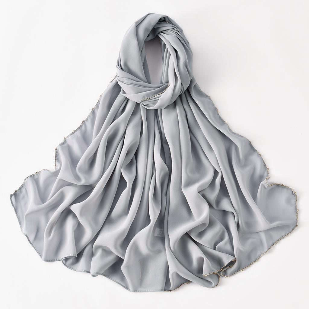 Muslim Chiffon Hijab Women Glitter Chain Edge Premium Chiffon Scarf Solid Color Plain Shawl Unique Edge Design Headscarf Wraps