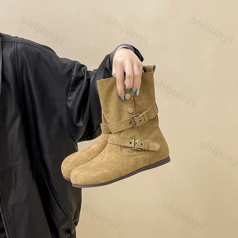 Women Ankle Boots 2026 Autumn New Fashion Flats Causal Shoes Suede Chelsea Short Boots Anti Slip Retro Cowboy Boots Botas Mujer