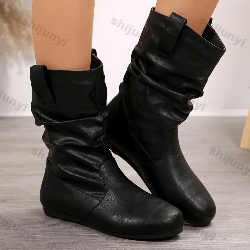 Women Flat Mid-calf Suede Ankle Boots Platform West Cowboy Shoes Round Toe Boot 2025 Autumn Designer Ladies Suede Botas De Mujer