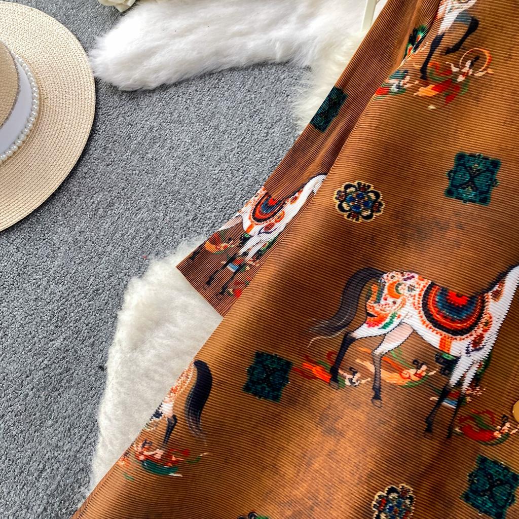 Skládané šaty s květinovým potiskem Letní Podzimní Jednorázové Zapínání Oversize Pásek Elegantní Streetwear Svetr Dámské Oblečení