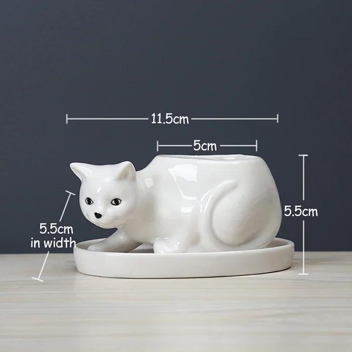 Cute Cat Ceramic Succulent Planter with Tray - Creative Animal Shape Flower Pot for Cactus/Bonsai/Indoor Plants - Home белый