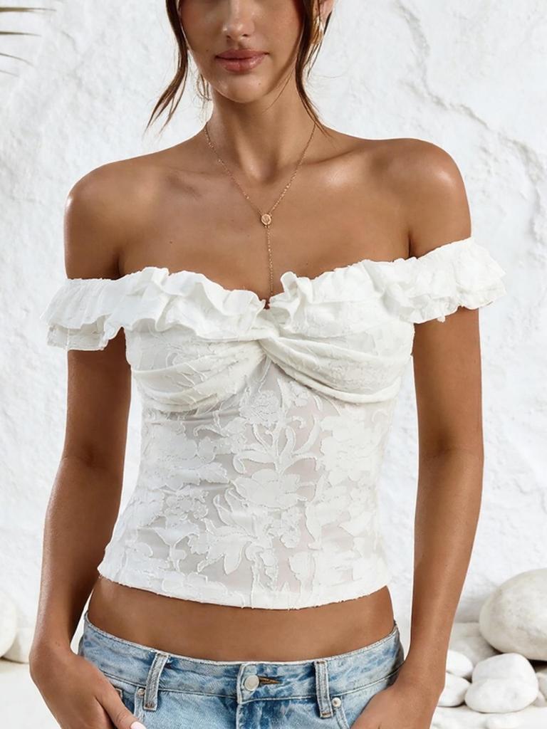Damen Weißes Spitzen-One-Shoulder-Rüschen-Crop-Top mit Rückenausschnitt - Sommer Mode