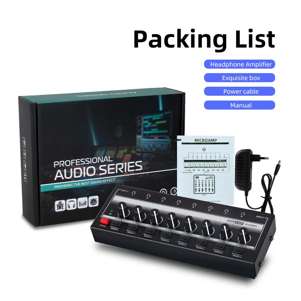 8 Channels Mini Headphone Amplifier Ultra-Compact Stereo Audio Amplifier with Power Adapter Earphone Splitter