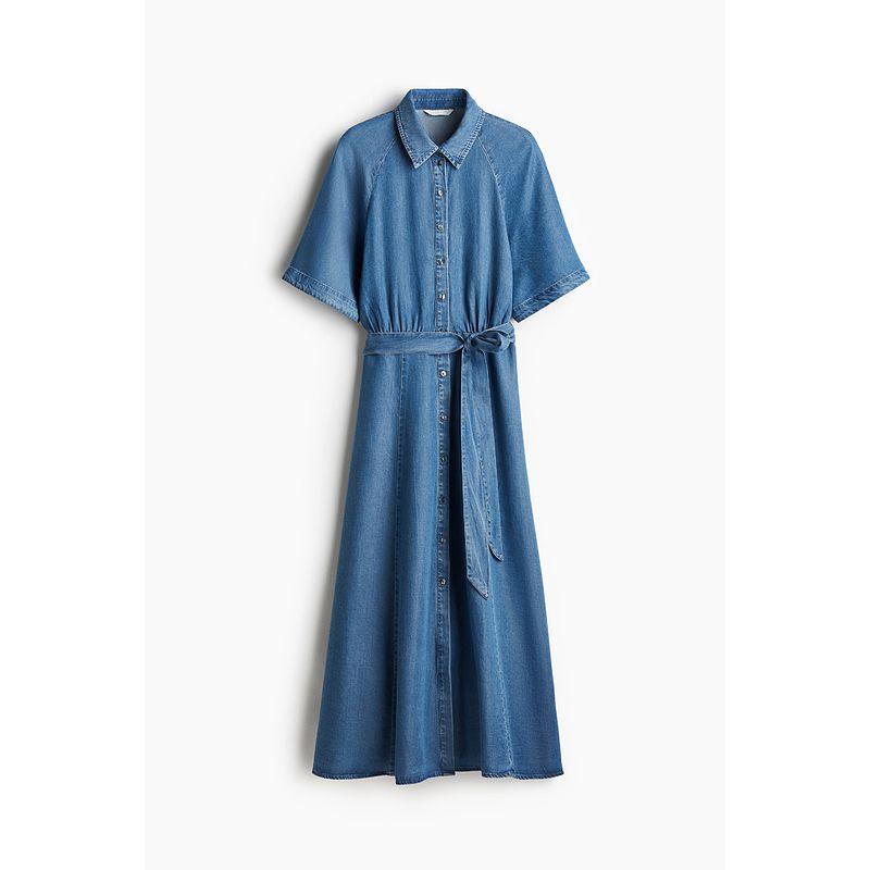 

HM Women s Clothing Dress Fall 2025 New Arrival Waist Belt Shirt Collar Horn Denim Long Skirts 1271135