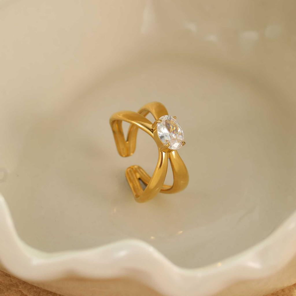 GEMCHIC Women's 18K Gold Plated Titanium Steel Geometric Ring with Cubic Zirconia