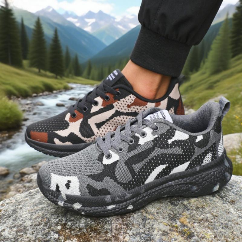 Men's Mesh Hiking Shoes Breathable Knit Fabric Lightweight Anti Slip Fashion Camo Sneakers Outdoor Comfort Camouflage Men Shoes