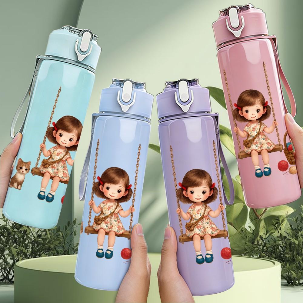 1PC Little Girl Swing Cartoon Print 750ml Color Plastic Sports Water Bottle Leakproof Flip Straw Lid Suitable for Sports Office Home Use