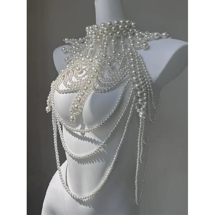 Sexy Damen Perlen Körperkette BH Verstellbare Größe Schal Halsketten Kragen Schulter Mode Oberteile Kettenhalsketten Körperschmuck