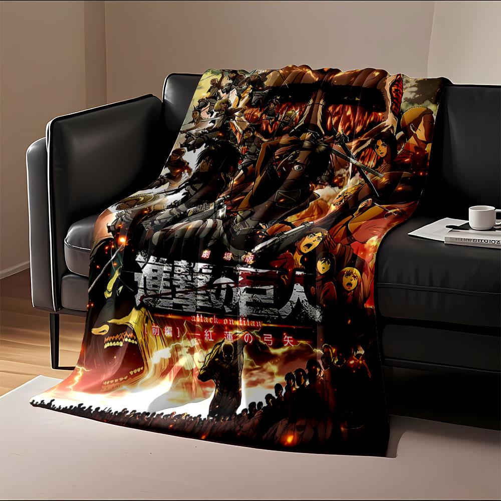 Battle-ready soldiers confronting gigantic, fiery humanoid figures. for all seasons blanket lunch break throw gift