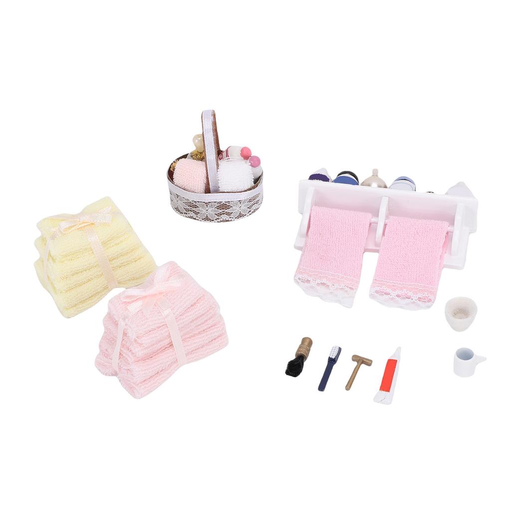 1:12 Scale Miniature Bathroom Accessories Life Scene Model Towel Pile Bathroom Shelf Basket Mini House Decoration