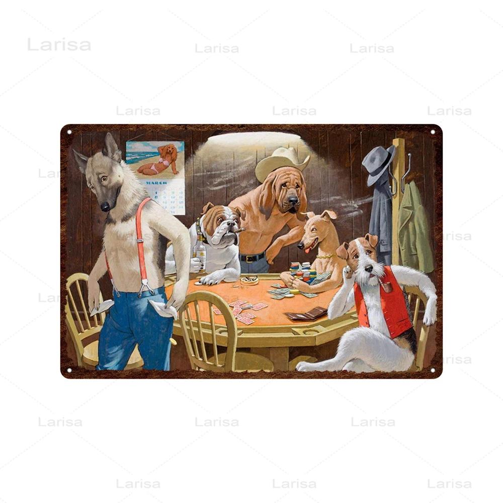 Dogs Playing Poker Game Metal Plaque Animals Playing Billiards Tin Sign Garage Club Wall Pub Tin Sign Vintage Metal Posters