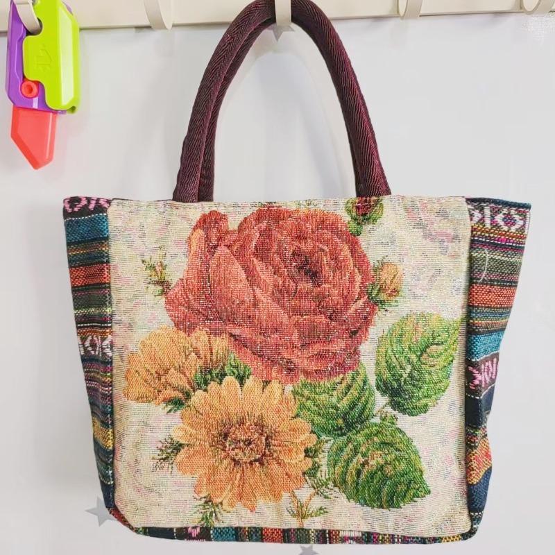 Canvas bag, women's large-capacity double-sided embroidered animal handbag, mommy bag, go shopping, handbag