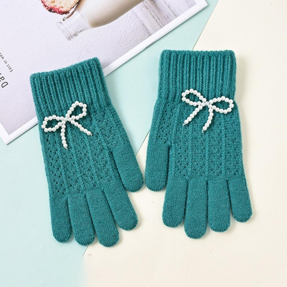 Fashion Pearl Bow Knitted Gloves Kawaii Women Mittens New Warm Fullfinger Gloves