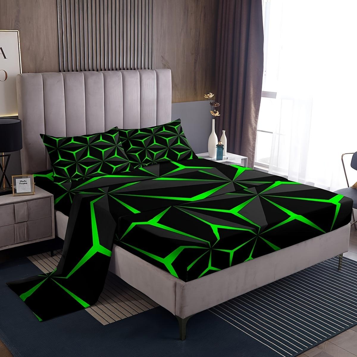 

3/4pcs Neon Honeycomb Sheet Set Geometric Stereoscopic Theme Bedding Set Geometry Adults Bedroom Decoration 3D Green Print EU Twin(135x200cm)