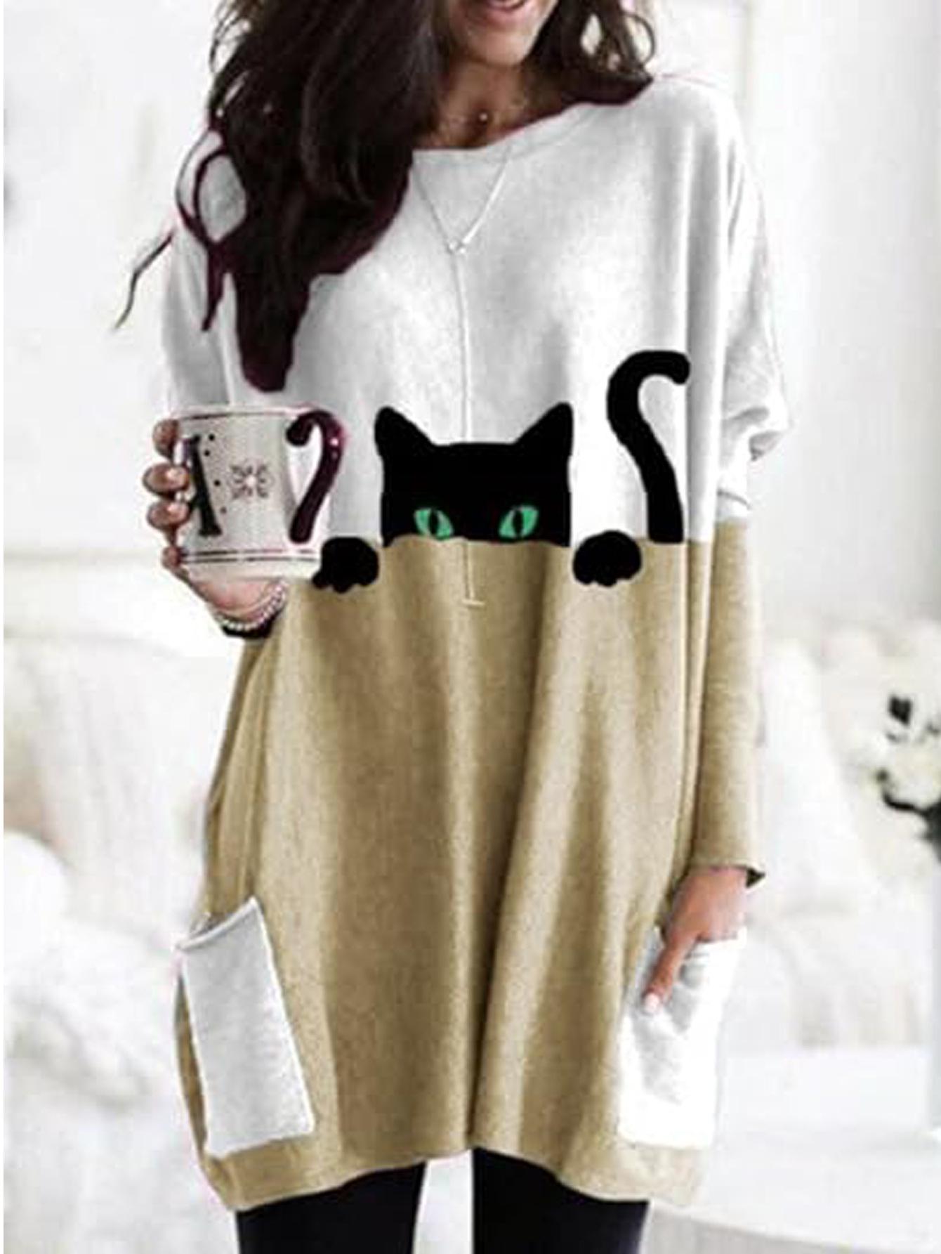 

Casual Black Cat Print Long Sleeve Top with Pockets - Elastic, Round Neck, Comfortable, Colorful Design 3XL жёлтый