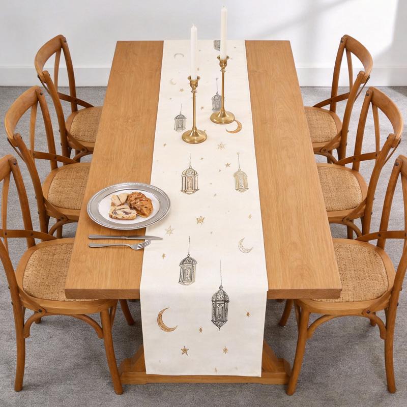 Ramadan Eid Mubarak Linen Table Runner Party Decor Washable Golden Lantern Eid Al Fitr Dining Table Runners Ramadan Decorations
