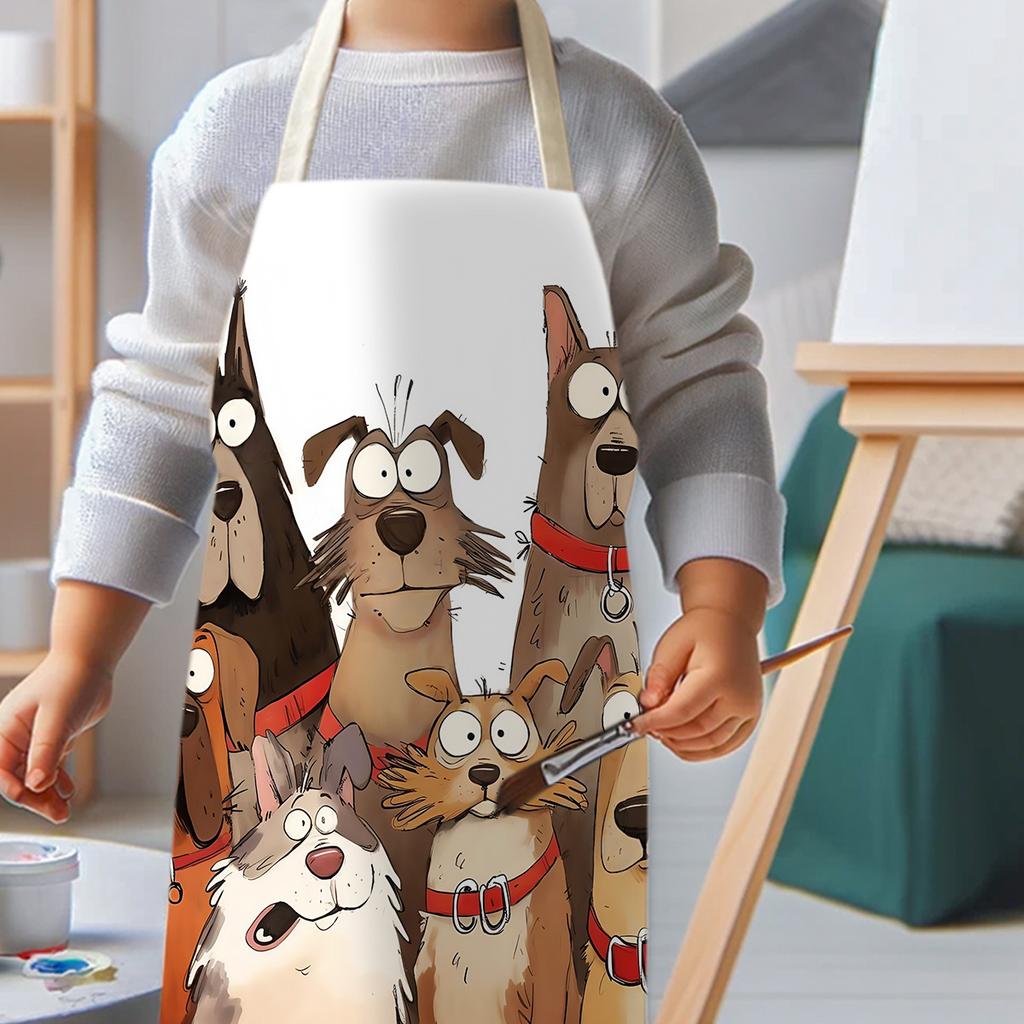 1pc Funny Cartoon Dog Group Painting Apron Linen Kids Children Art Craft Cooking Apron Pet Lover Gift Animal Print Design Wear