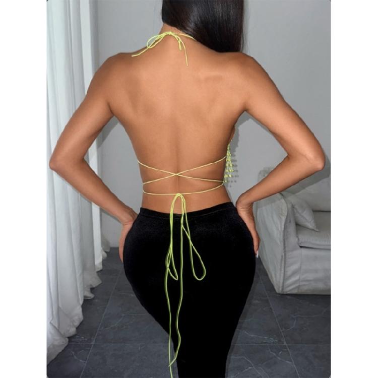 Women Shines Rhinestones Tank Top Halter Body Chain Fishnet Mesh Bra Crop Top Shirt for Night Club Party Raves Outfits